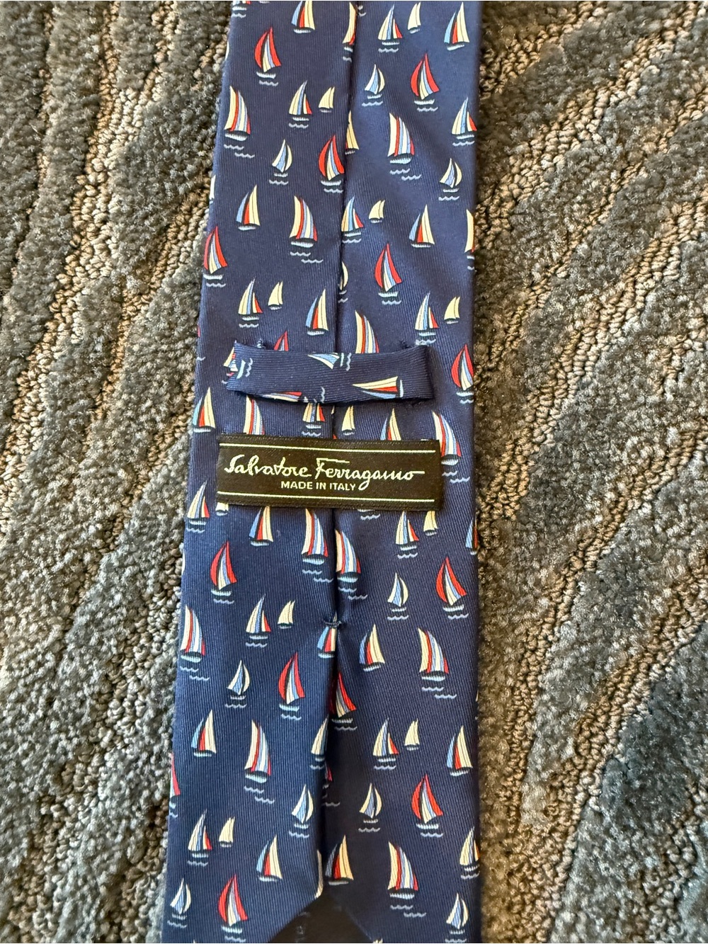 Salvatore Ferragamo Navy Sailboat Print Tie